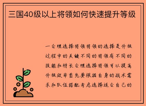 三国40级以上将领如何快速提升等级